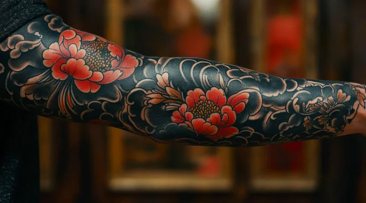 Full sleeve tattoo with red flowers and dark swirling patterns