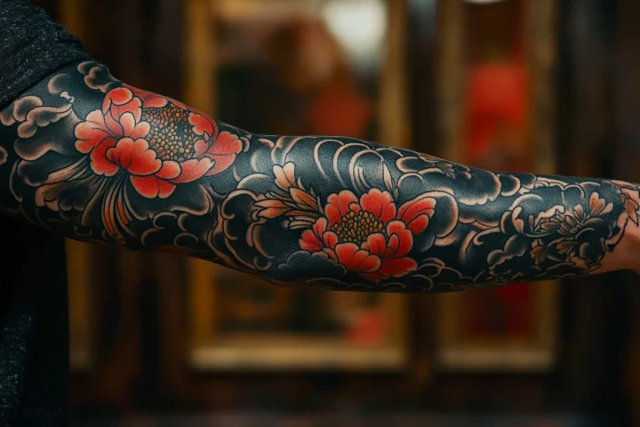 Full sleeve tattoo with red flowers and dark swirling patterns