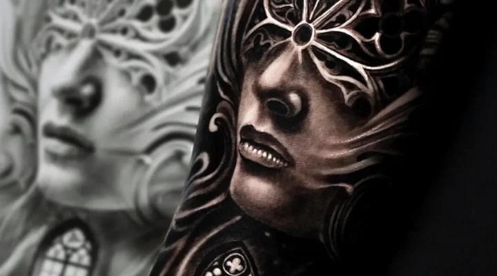 Black and grey realistic portrait tattoo with ornate Gothic window details